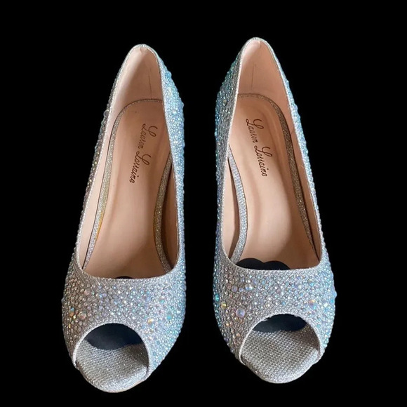 Lauren Lorraine | Candy Crystal Studded Peep Toe Stiletto Heels like new-Silver - Picture 2 of 5